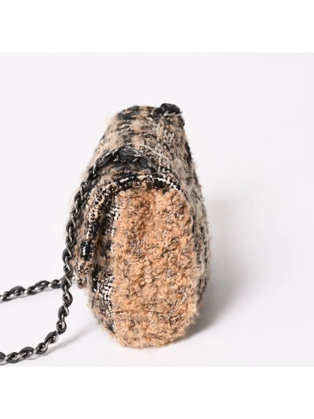 Chanel Mini Square Flap Shoulder Bag Tweed Leather Beige Silver